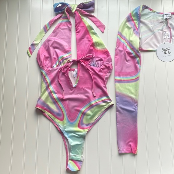 Princess Polly Two Piece Set Pink Multi Color Bodysuit and Cardigan - Picture 12 of 12